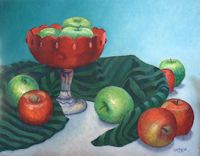 Apples in a Red Glass Bowl