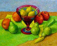 Three Lemons in a Red Glass Vase