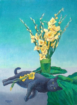 Miss Puss and the Gladiolas