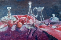 Bottles and Apples with Pink and Purple Drapery